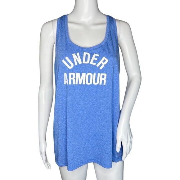Under Armour Shirt Womens Medium Blue White Threadborne Tank‎ Workout Athleisure - Picture 1 of 8